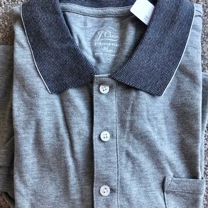 J crew NWT heather grey polo shirt with dark grey collar.